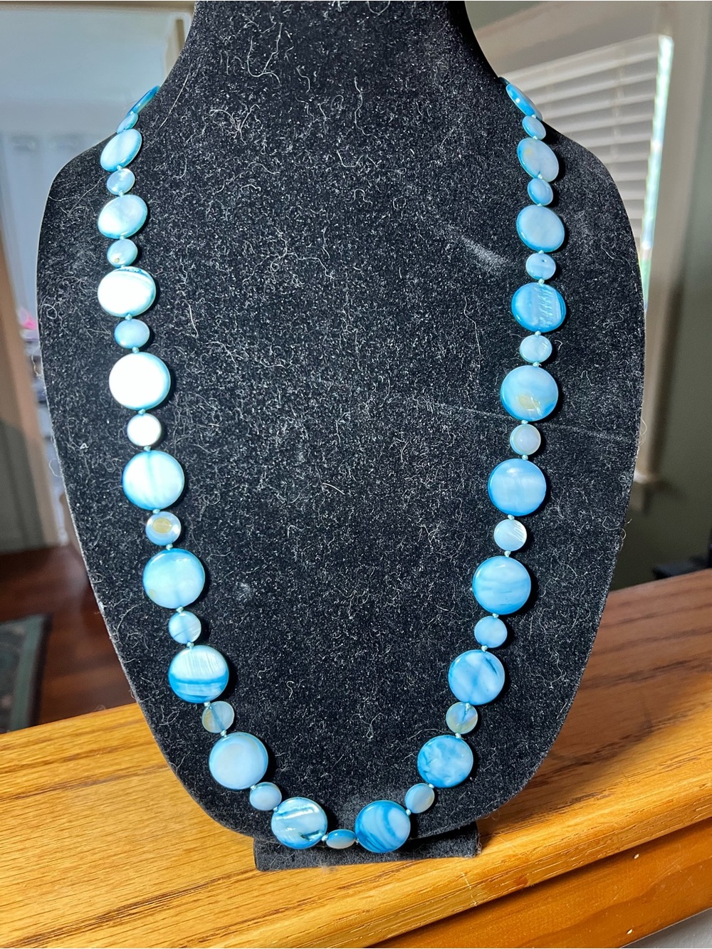 Vintage Hand knotted pale blue abalone/MOP disk necklace. 30” with 2” ext